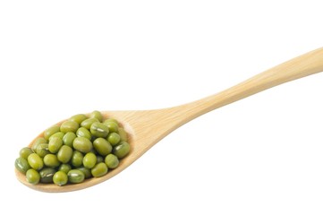 Mung Beans in Wooden Spoon Isolated on White Background