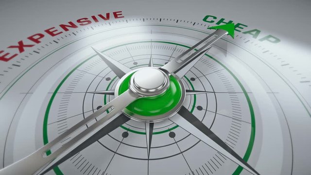 From expensive to cheap, compass arrow changing direction, business concept. A change for the better