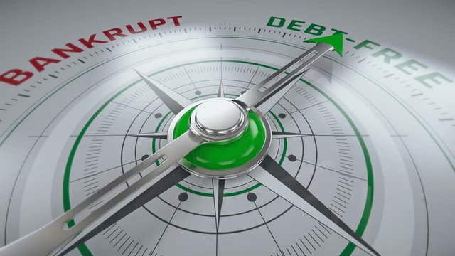 From bankrupt to debt-free, compass arrow changing direction, business concept. A change for the better