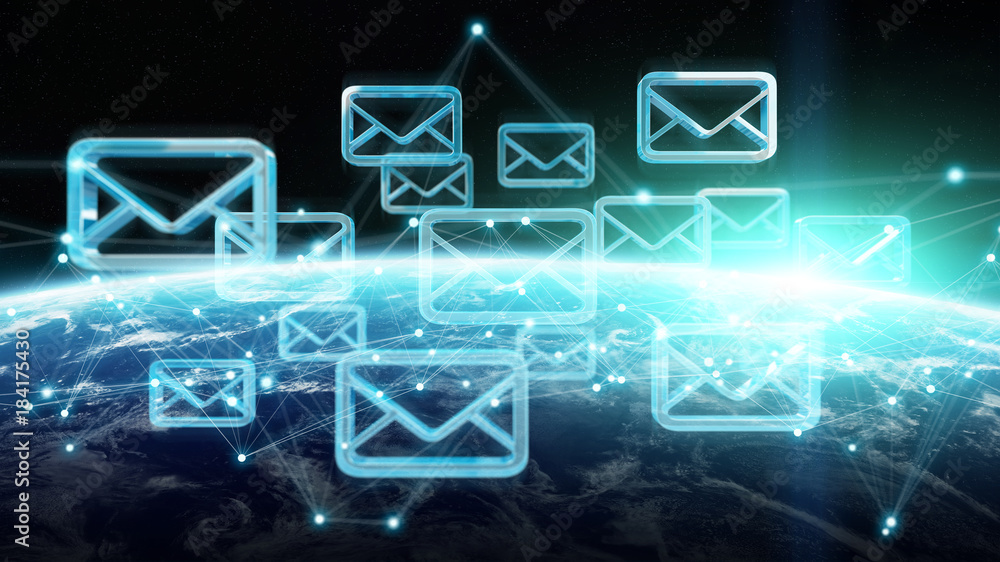 Poster emails exchanges on planet earth 3d rendering