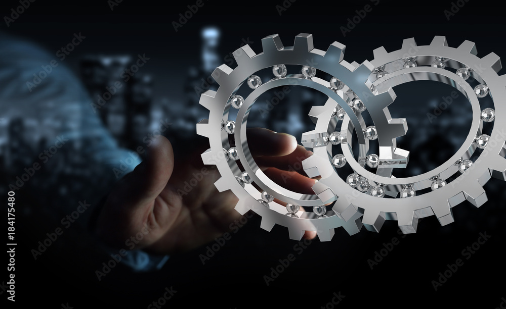 Poster businessman using floating modern gear mechanism 3d rendering