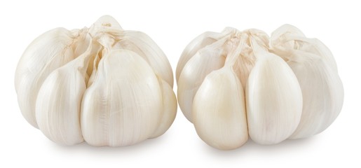 Two Garlic Bulbs and Garlic Cloves on White Background