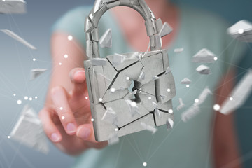Businesswoman hacking in broken padlock security 3D rendering