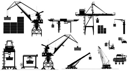 Harbor cargo cranes set, black and white, isolated - obrazy, fototapety, plakaty