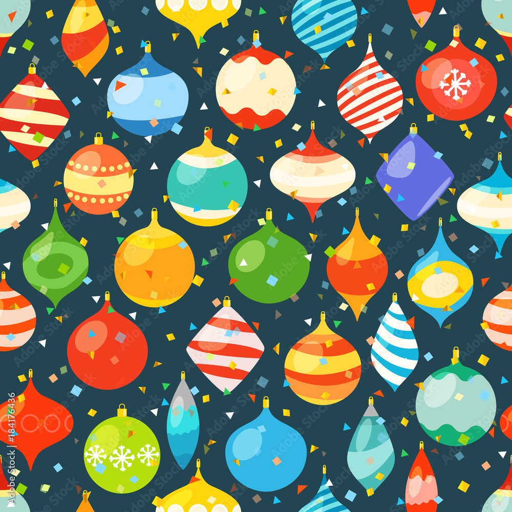 Poster different christmas bauble and color confetti vector seamless pattern