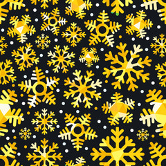 Different golden snowflakes. Abstract seamless background