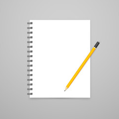 Blank open white notebook with pencil vector mockup