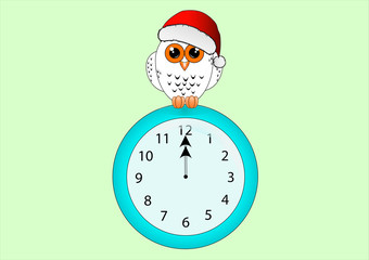 white owl in a red Christmas hat sits on a clock face