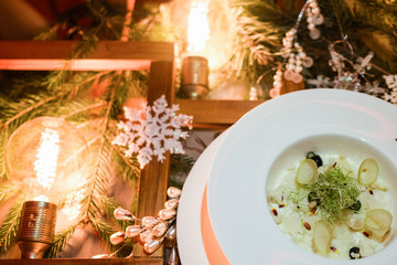 Holiday restaurant dish. New year party menu. Fine dining concept