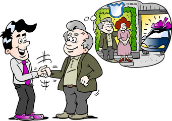 Cartoon Vector illustration of a old man there have buy a new auto car