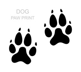 Dog paw. Black silhouette. Foot print. Animal paw isolated on white background. Vector illustration