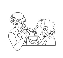 Caring for the elderly.Consultation medical diagnosis.Nurse taking care.Medical treatment and healthcare line poster.Caregiver elderly. help to eat. Nurse feed pensioner