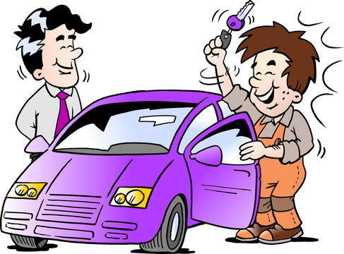 Cartoon Vector illustration of a young man who receives the key to his new car