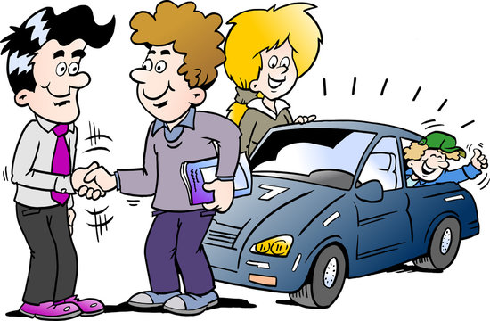 Cartoon Vector illustration of a family there has agreed a deal to buy a new auto car