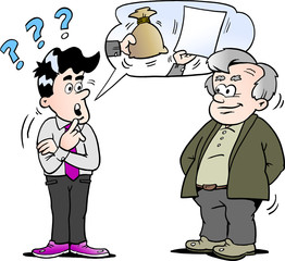 Cartoon Vector illustration of a sales man giving older man investment advise