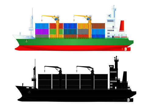Container ship side view, with silhouette, vector isolated