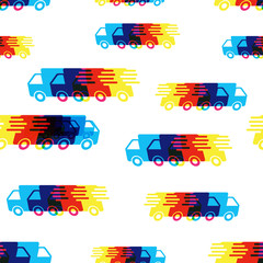 Obraz premium Delivery truck seamless pattern background. Business flat vector illustration. Fast delivery service shipping sign symbol pattern.