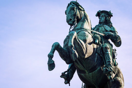 Statue of Prince Eugene of Savoy against the blue sky at Heldenplatz (German: Heroes' Square). Closeup veiw. Public space in front of the Hofburg Palace in Vienna, Austria