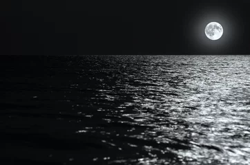 moonlight on the waves at night in the sea on long exposures. black and white photo. © balakleypb