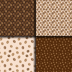 Coffee beans seamless background. Set of four patterns with coffee. Vector design.