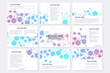 Big set of vector templates for presentation slides. Modern graphic background structure molecule and communication. Scientific pattern atom DNA. Medical, science, chemistry design.