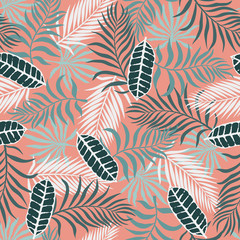 Tropical background with palm leaves. Seamless floral pattern. Summer vector illustration. Blooming Dahlia colored background