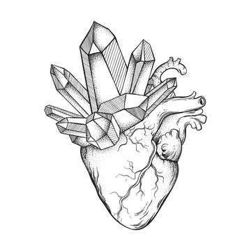 Crystals growing from human heart isolated on white background. Hand drawn line art and dot work vector illustration. Black work, flash tattoo or print design
