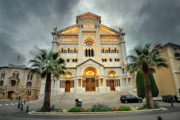 Fototapeta na wymiar Facade of Saint Nicholas Cathedral at evening time. Monaco