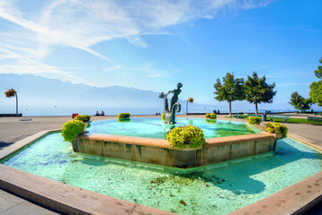 Fountain on waterside in Vevey town. Lake Geneva, Switzerland