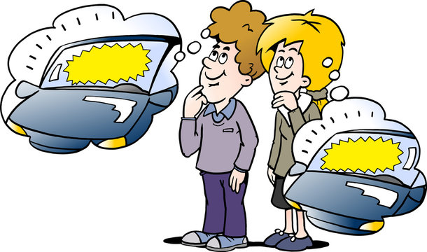 Cartoon Vector illustration of a family there thinking about how their new car can be financed