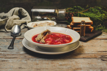 the first dish - red soup with meat (borsch)
