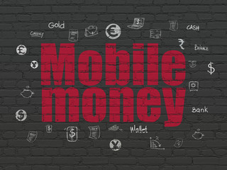Currency concept: Painted red text Mobile Money on Black Brick wall background with  Hand Drawn Finance Icons