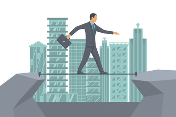 Business risk rope. Businessman walking on tightrope on background big modern city. Way to success. Vector flat design. Success in business concept. Symbol of courage, motivational business template.