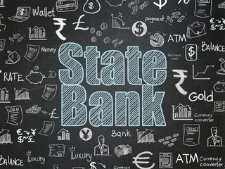 Banking concept: Chalk Blue text State Bank on School board background with  Hand Drawn Finance Icons, School Board