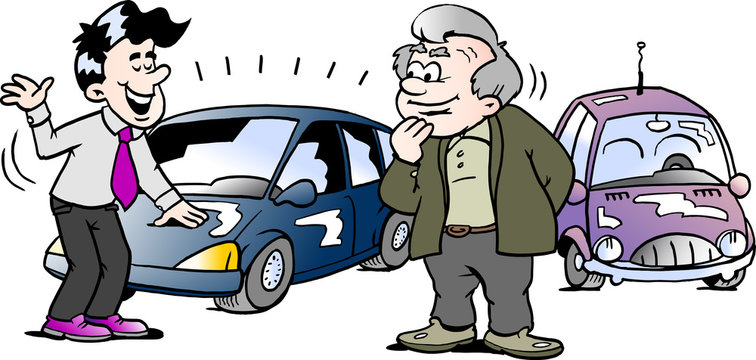 Cartoon Vector illustration of a old man who is interested in a brand new auto car