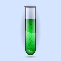 Realistic glass test tube template isolated on light blue background. Laboratory equipment flask vector illustration EPS