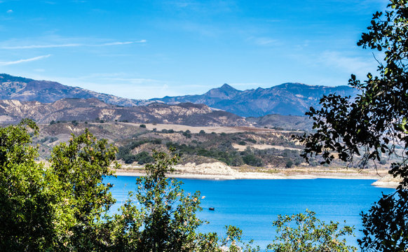 California's scenic Lake Cachuma with San Rafael Mountains in the distance