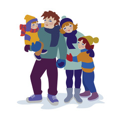 Family portrait of father, mother, son and daughter, cartoon vector illustration isolated on white background. Cheerful, happy family in winter clothes.