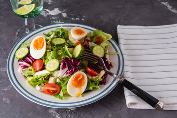 Fresh salad with egg, tomato, cucumber and toasted baguette.