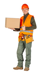 male builder or manual worker in helmet holding and moving  cardboard box on white background.