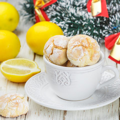 Lemon cookies with powdered sugar. A delicious homemade dessert. Christmas, New year. Selective focus and square image