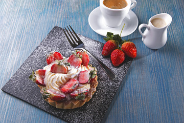 cake with custard and strawberries whipped cream