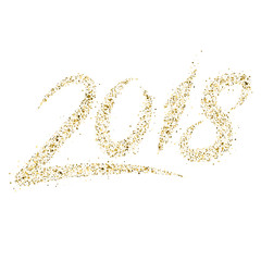 Golden particle wave in form of 2018 digits isolated on white background. Glitter trail vector illustration
