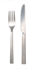 Table set of knife and fork isolated on white background. Top view, close up.