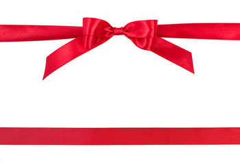 Red satin gift ribbon bow and ribbon without bow, isolated on white background, top view.
