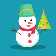 snowman and Christmas tree. vector illustration on background