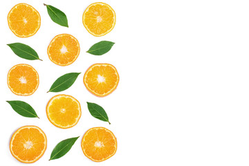 slices of tangerine with leaves isolated on white background with copy space for your text. Flat lay, top view.