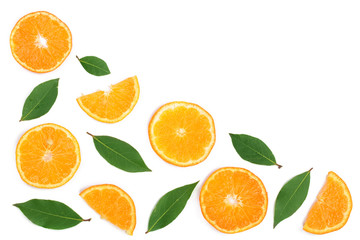 Fototapeta na wymiar slices of tangerine with leaves isolated on white background with copy space for your text. Flat lay, top view.