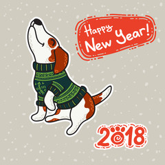 New Year postcard with dog in colorful sweater