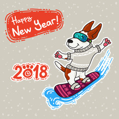 New Year postcard with dog in colorful sweater
